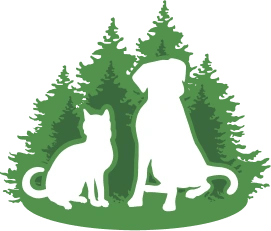 A green illustrated logo of a cat and dog silhouette sitting together in front of pine trees, encircled by a rounded border.