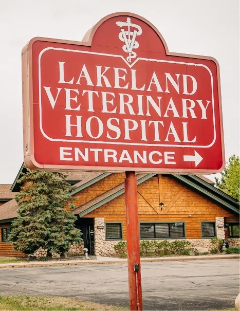 A red "Lakeland Veterinary Hospital Entrance" sign with an arrow, in front of the building's wood-shingled exterior.